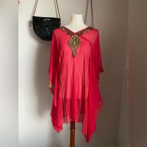 MIRA Dark Pink Swim Cover Large Sheer Beaded Neckline, Size Medium